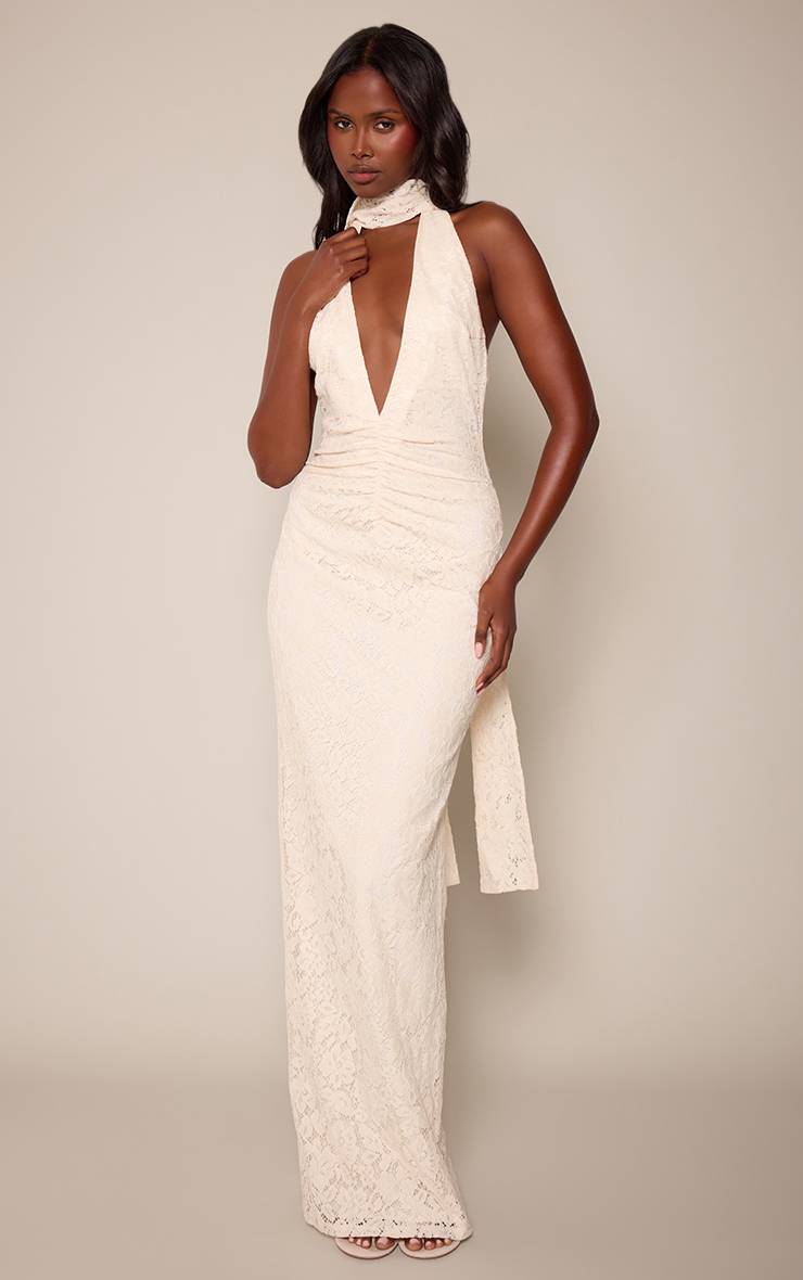 Citron Robe Longue En Dentelle À Encolure Plongeante Dos-nu Avec Détail Foulard