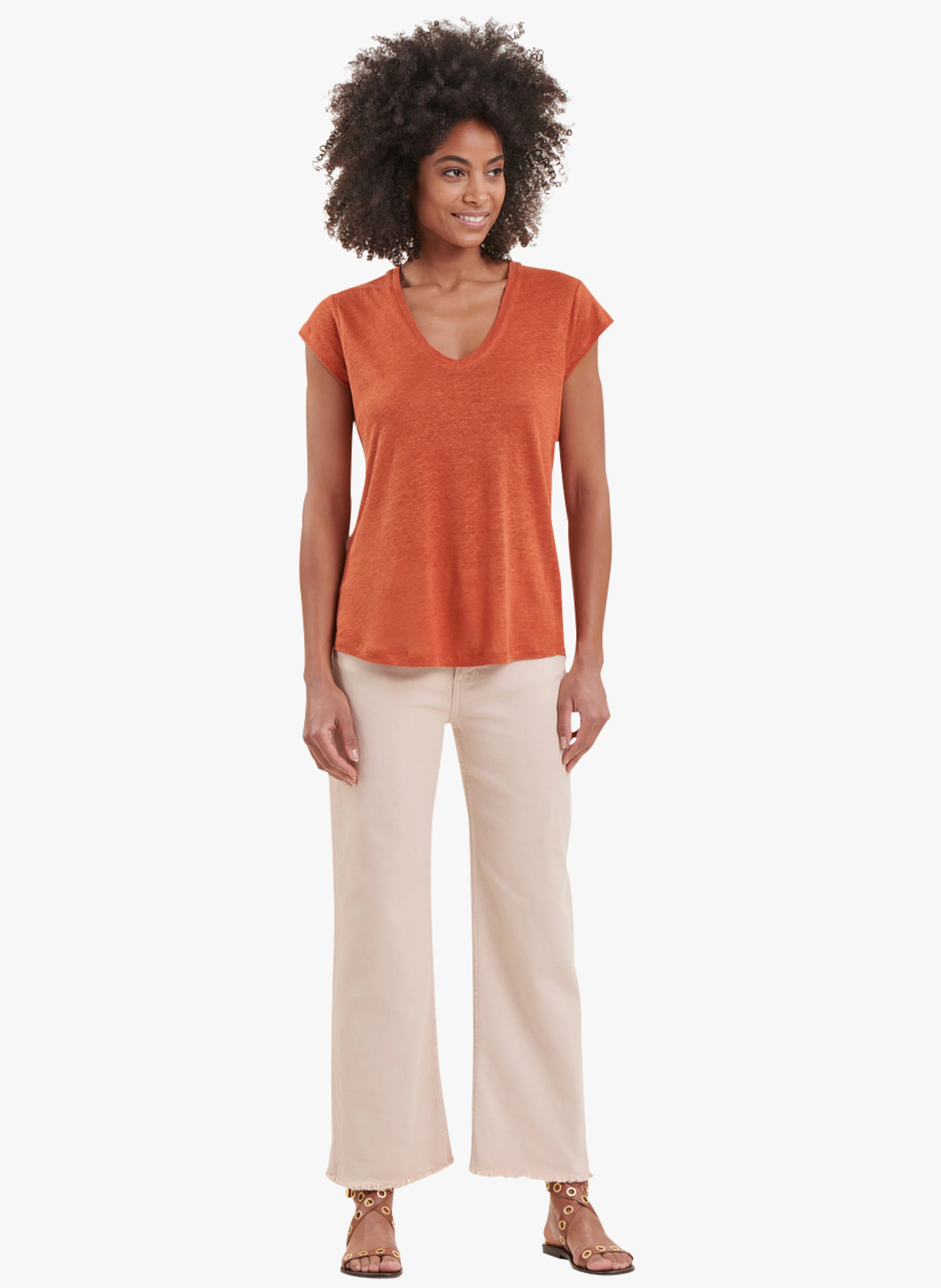 Tee-shirt col V en lin | Orange