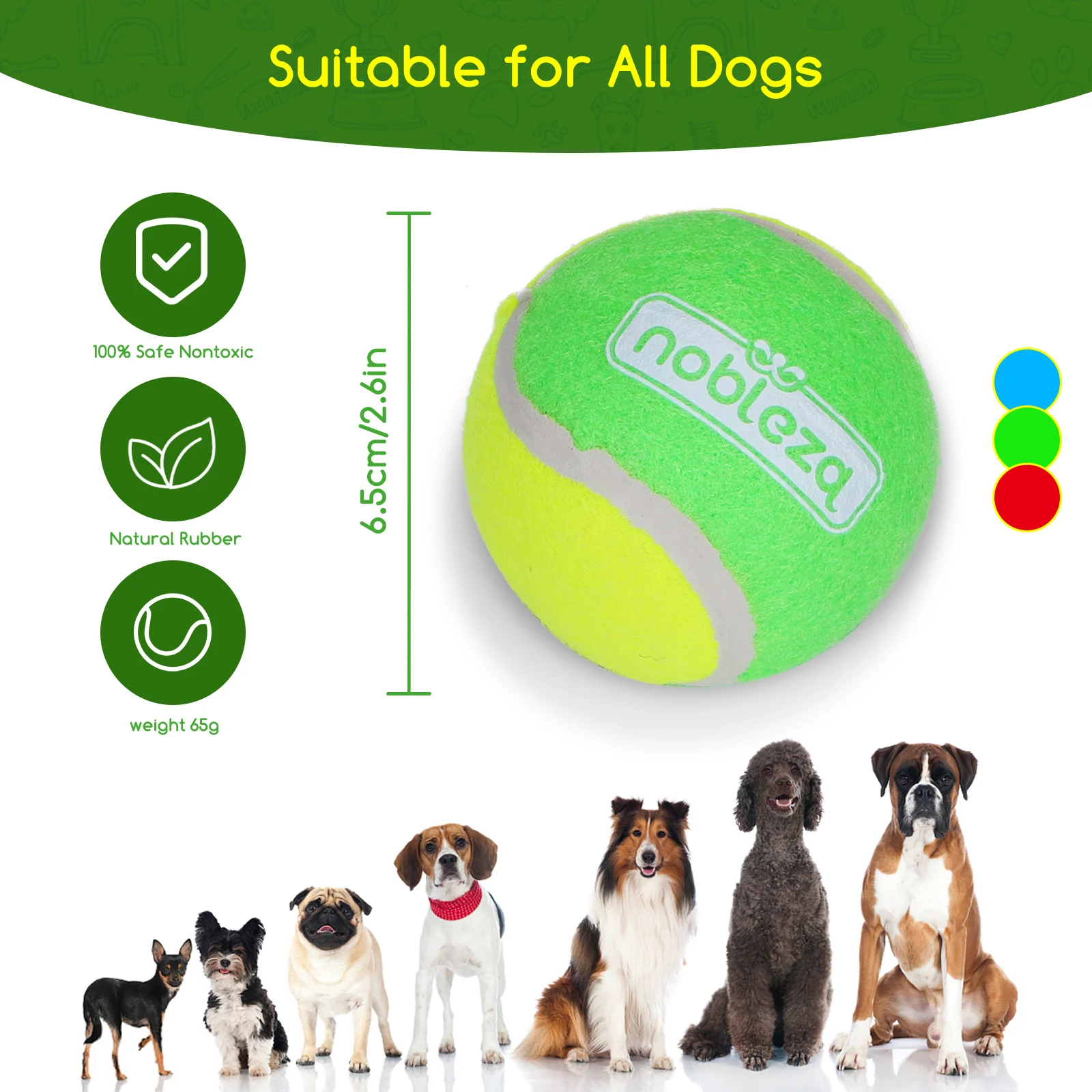 Bolas de brinquedo para cães Nobleza, bola de borracha natural de alta qualidade, bola de tênis, bola de brinquedo saltitante, adequada para cães de pequeno e médio porte - 6,36 cm/pacote com 3