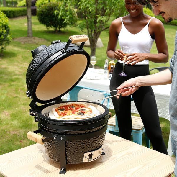 Fresh Grills 40,6cm Kamado Keramikgrill | Schwarz Holzkohlegrill BBQ Mini Ofen | Thermometer, Holzgriff, Oberer & Unterer Luftstrom | Outdoor Garten Grillen Garen Räuchern Smokern