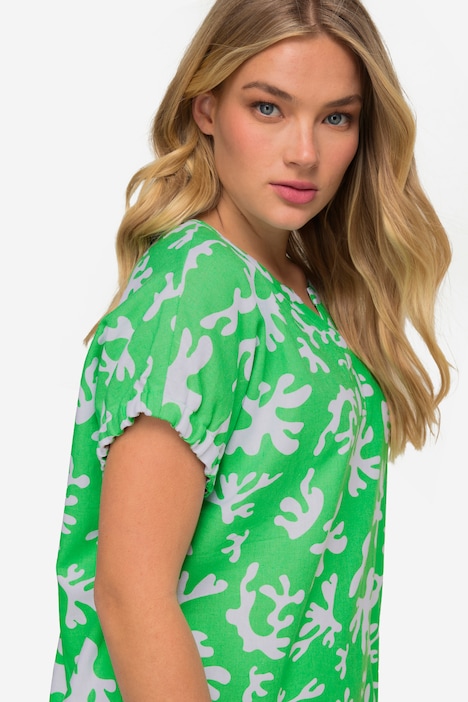 Leinenmix-Bluse, Korallen-Print, Tunika-Ausschnitt, Halbarm