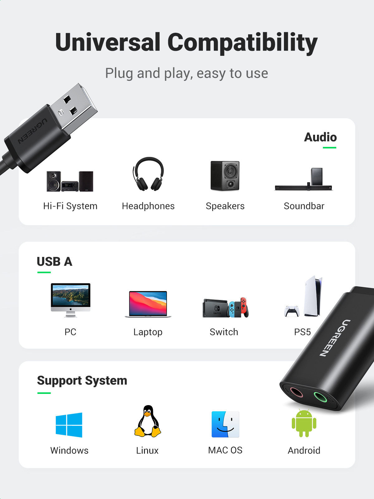 USB 2.0 (m) auf 2x 3.5mm Klinke Audio Stecker Stereo AUX Sound Adapter - Schwarz