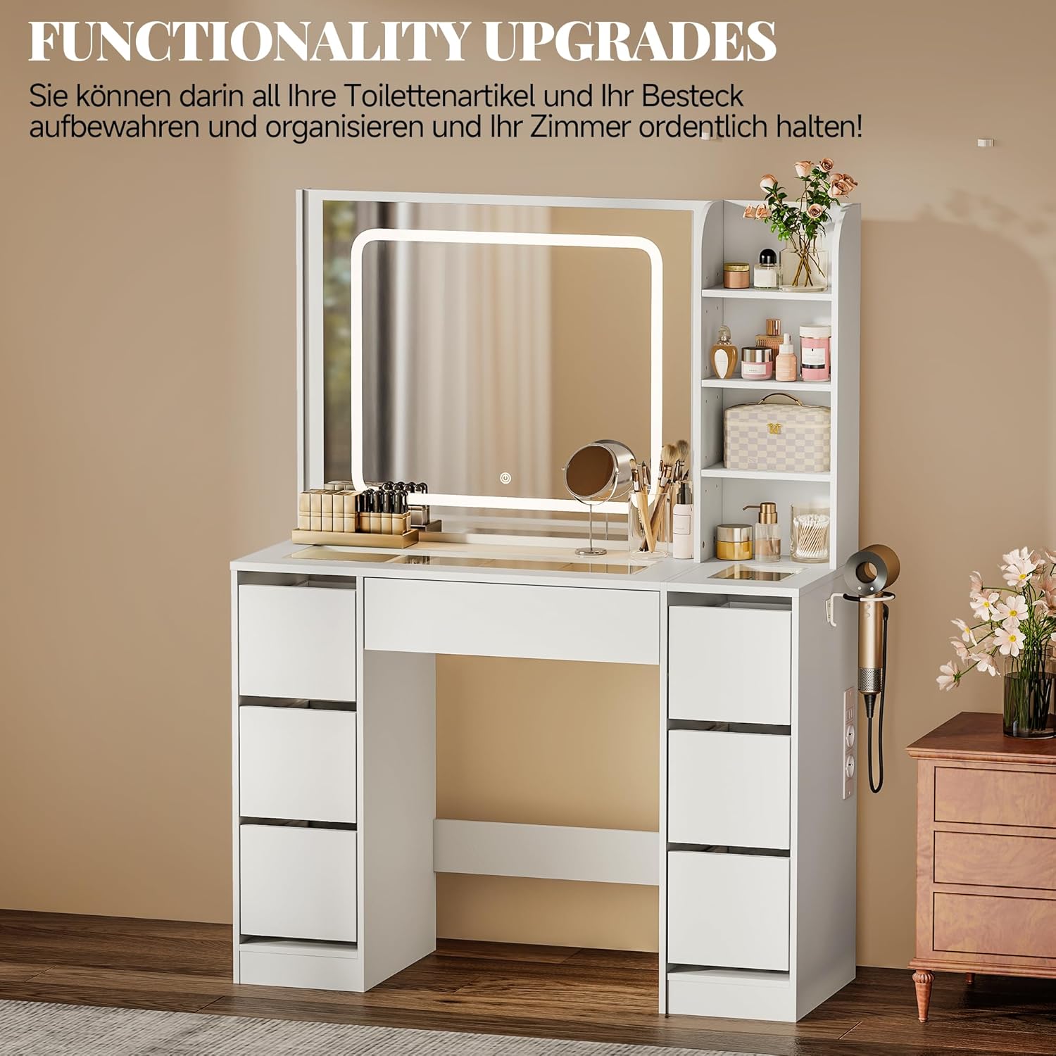 yeshine Schminktisch mit Beleuchtung, 105X39.8X140CM, Modern Makeuptisch mit großem Spiegel, Groß Dressing Table mit Schubladen, mit Steckdose, Weiß