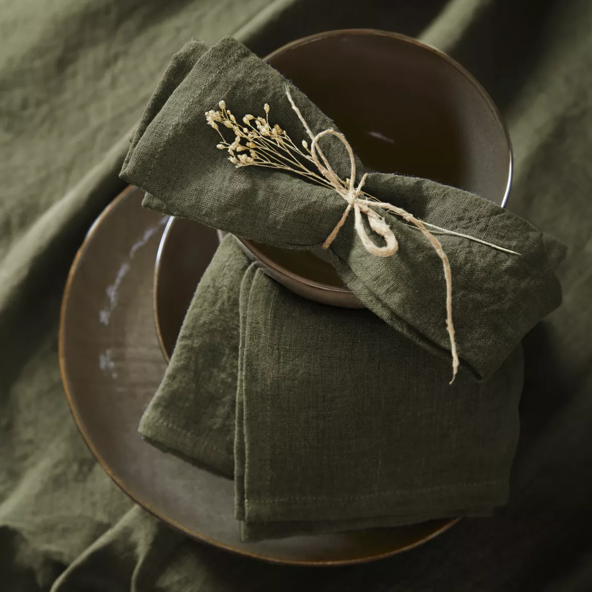 Lot de 3 serviettes lin lavé (40 x 40 cm) Louise Vert romarin
