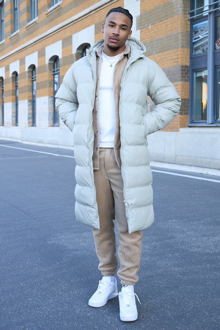 Doudoune longue matelassée beige à capuche