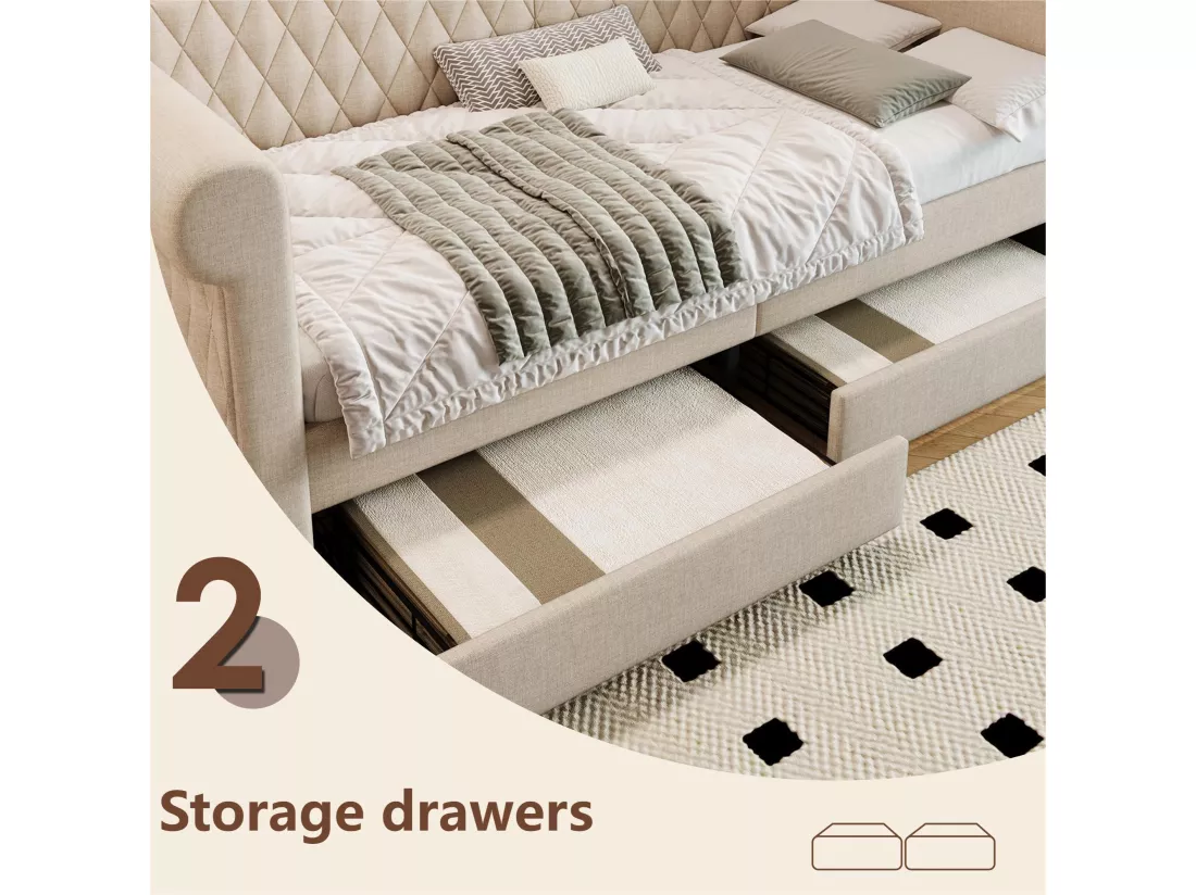 Lit banquette avec 2 tiroirs en tissu lin - 90x200cm - avec sommier à lattes - Beige
