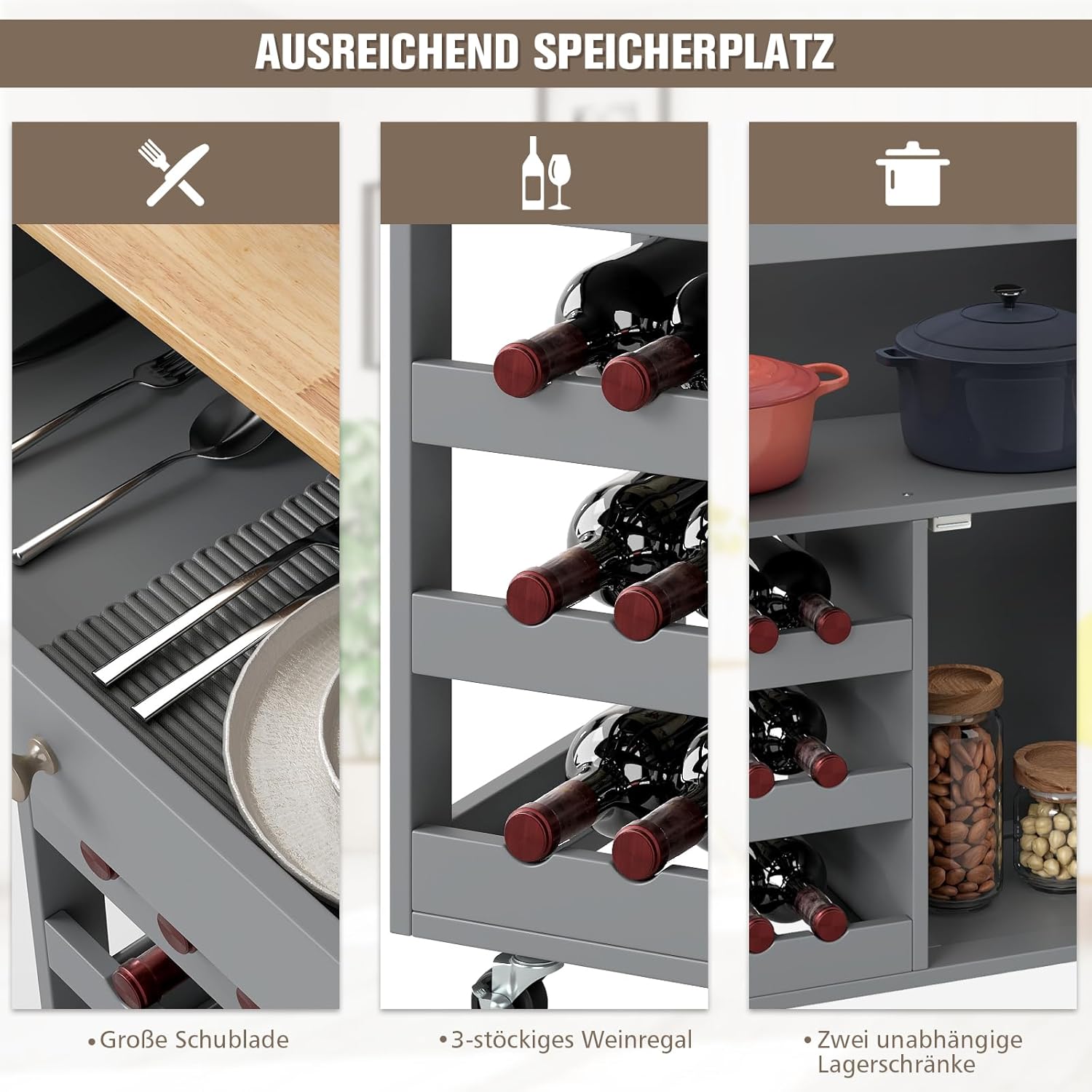 COSTWAY Küchenwagen auf Rollen, Servierwagen mit Schubladen & 3-stöckigem Weinregal & Arbeitsplatte, Küchentrolley Beistellwagen Küchenregal Küchenschrank Rollwagen Kücheninsel Holz (Grau)