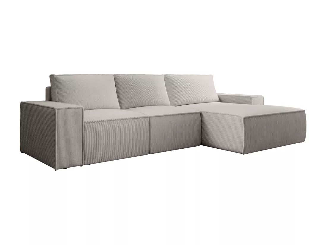 Grand canapé d'angle droit convertible en velours côtelé beige AMELIA