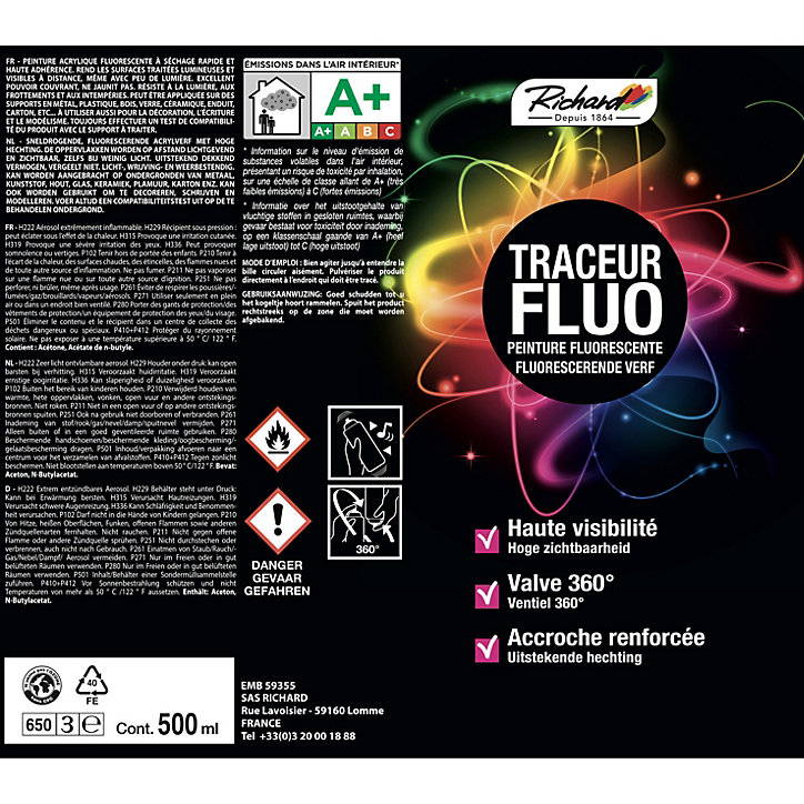Peinture traceur aérosol fluorescente haute visibilité Richard jaune 500ml