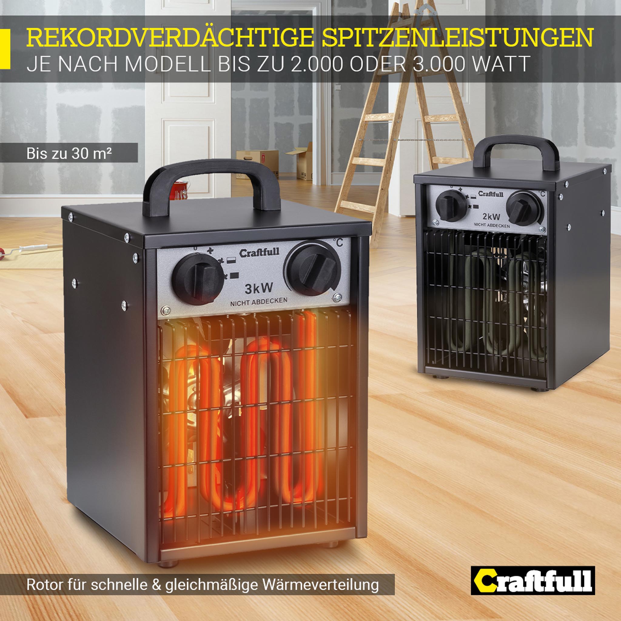 Craftfull Elektro-Heizlüfter HL200, 2000/3000 Watt, Überhitzungsschutz, Thermostat, Griff, Stahl (3000 Watt)