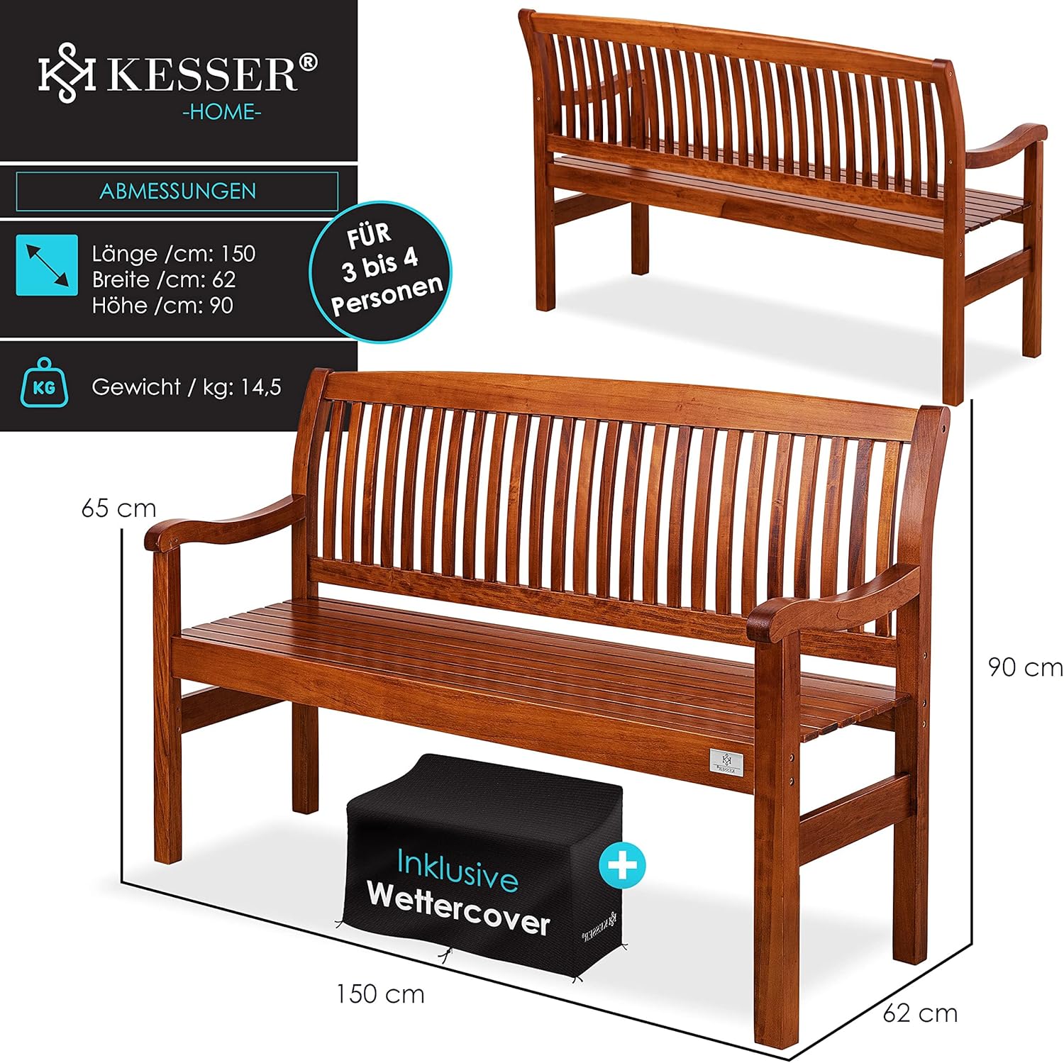 KESSER® Gartenbank Holz Holzbank wetterfest | Für 3 bis 4 Personen | Parkbank aus Massivholz | Sitzbank 320 kg belastbar 150 cm | Balkonbank Bank für Balkon Terrasse & Garten inkl. Cover Dunkelbraun