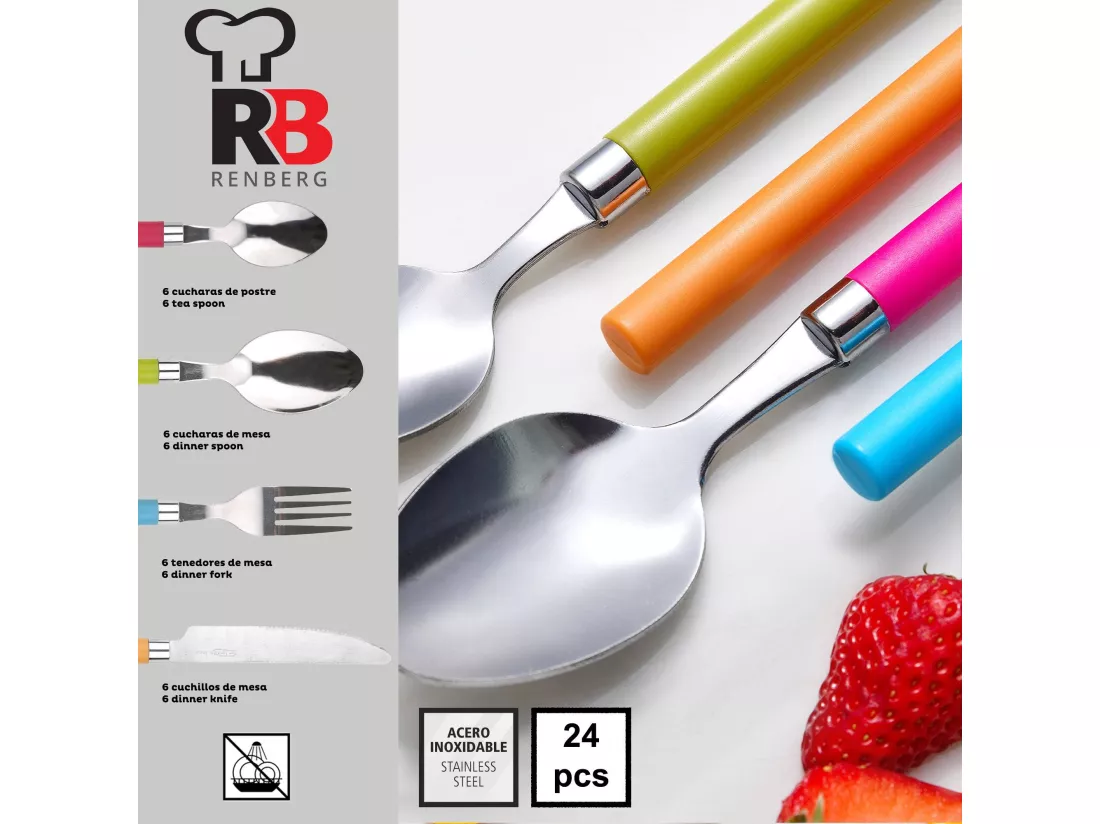 Coffret 3 poêles Ø16Ø20Ø24 aluminium pressé + Coffret 24 manches à couverts inox multicolore