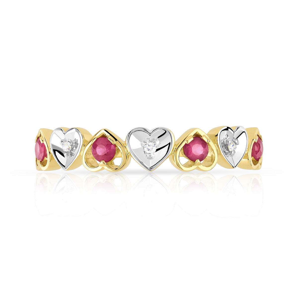 Bague or 750 2 tons coeurs rubis et diamants