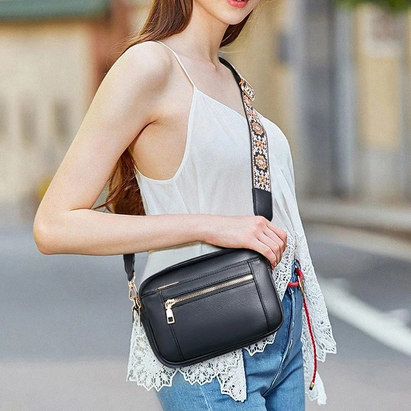 (23x16cm) Leder Schultertasche Fashion Crossbody Bag Umhängetasche - Schwarz