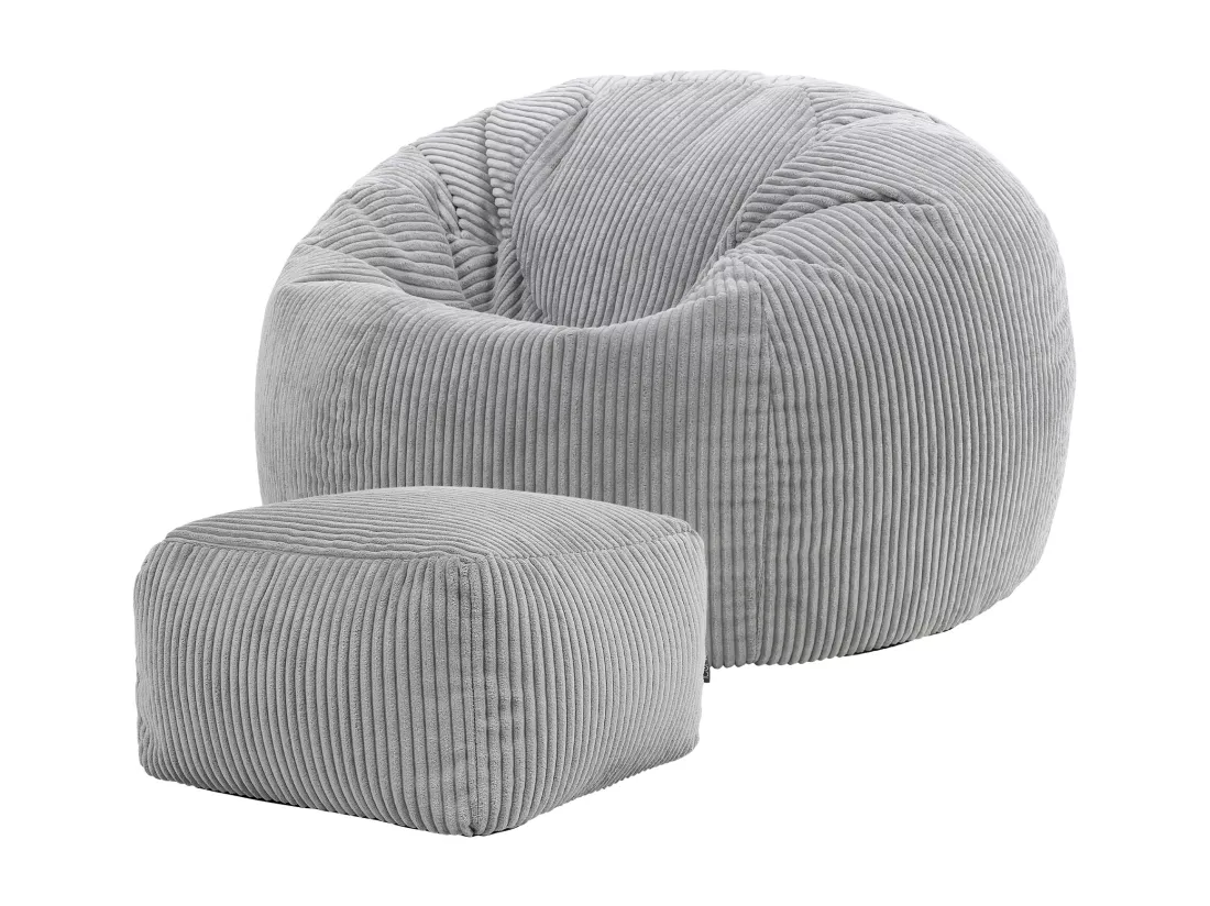 Pouf classique et son repose-pied velours côtelé, gris - KINGSTON