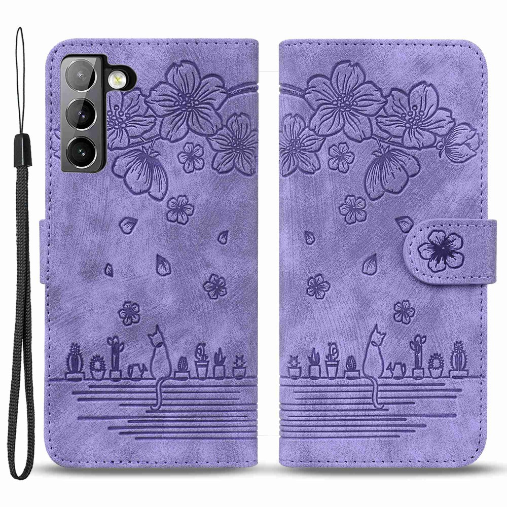 Samsung Galaxy S22 5G Leder Tasche Flip Cover Katze & Blumen Imprint - Lila