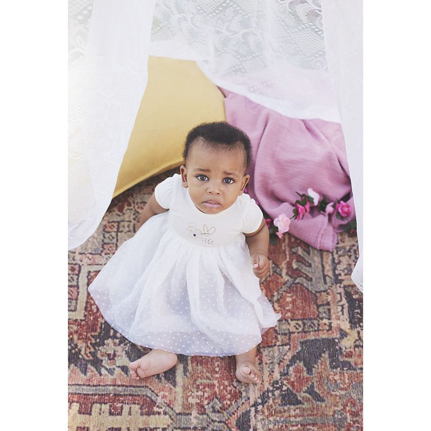 Robe de cérémonie effet 2 en 1 bi-matière pour bébé fille - Ecru
