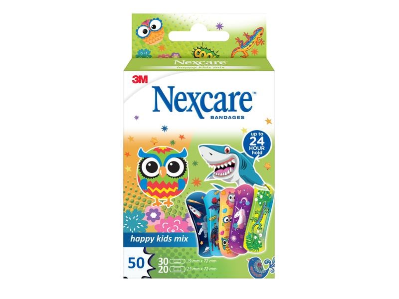3M Nexcare Kinderpflaster Happy Kids Mix 2 Grössen, 50 Stüc Bunte Wundpflaster für Kinder