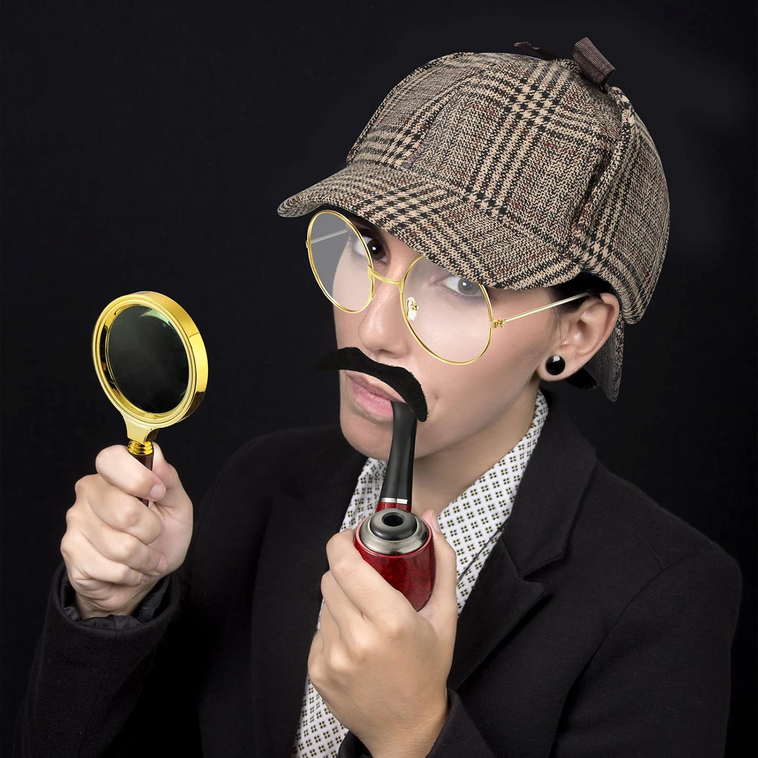 (8-tlg. Set) Detektiv Agent Fasnacht Erwachsenen Kostüm Zubehör für Motto Partys / Halloween mit Brille / Hut - Braun / Gold