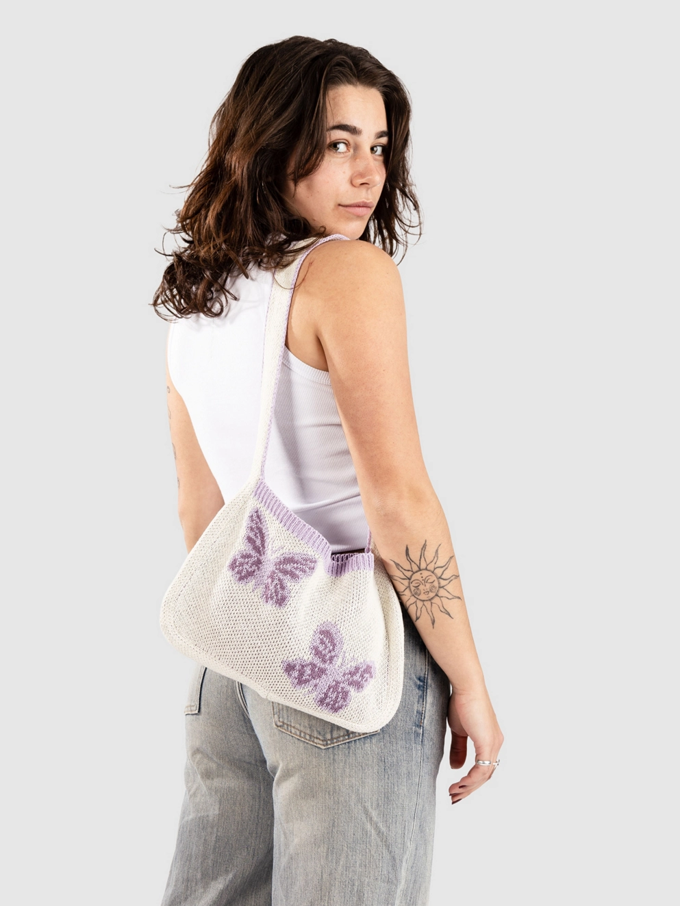 Blue Tomato Crochet Shoulder Bag white w violet butterflie