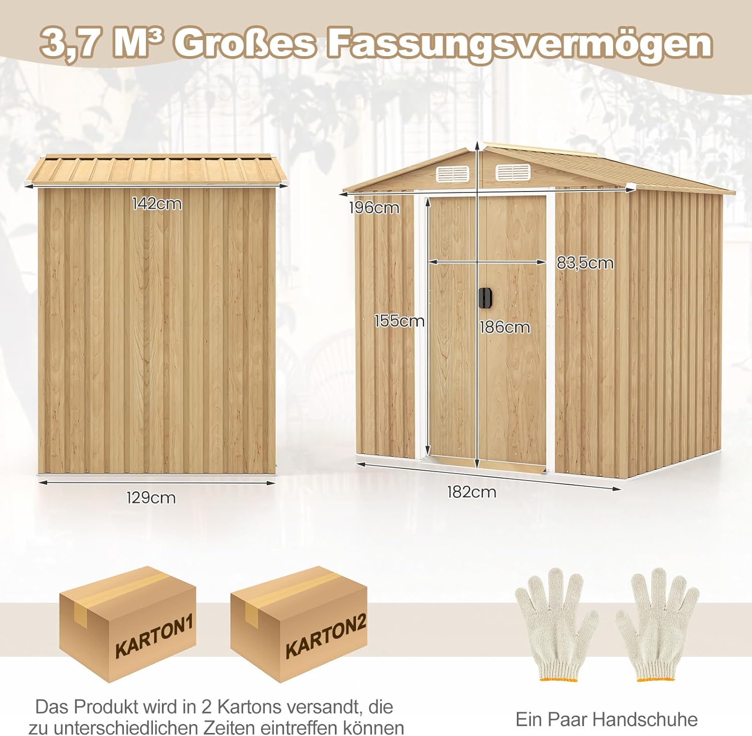 COSTWAY Gerätehaus Metall, Geräteschuppen abschließbar, Gartenhaus mit 4 Luftschlitzen & Schiebetür & Rampe, Garten Schuppen Outdoor, Metallschuppen Geräteschuppen, Natur (196 x 142 x 186 cm)