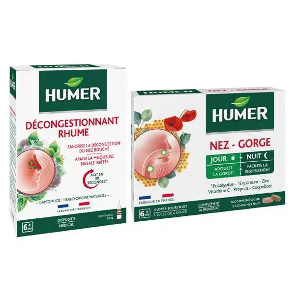Spray Nasal Descongestionante para Resfriado Humer 20ml + Nariz e Garganta Dia e Noite 15 comprimidos