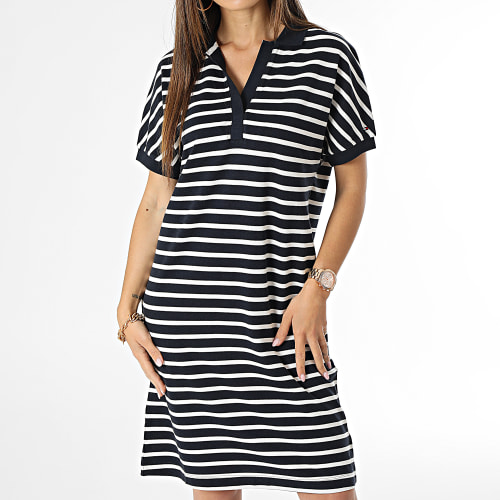 Robe Polo Manches Courtes Femme Relaxed Lyocell 8639 Bleu Marine Beige Clair