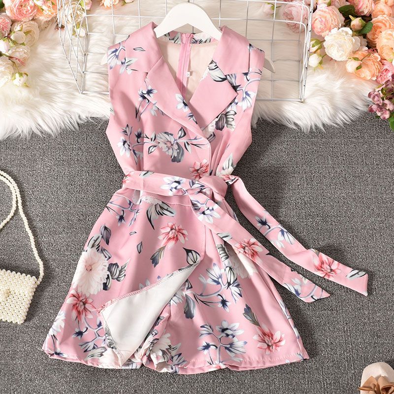Dudu - Mouwloze romper met bloemenprint en strikceintuur