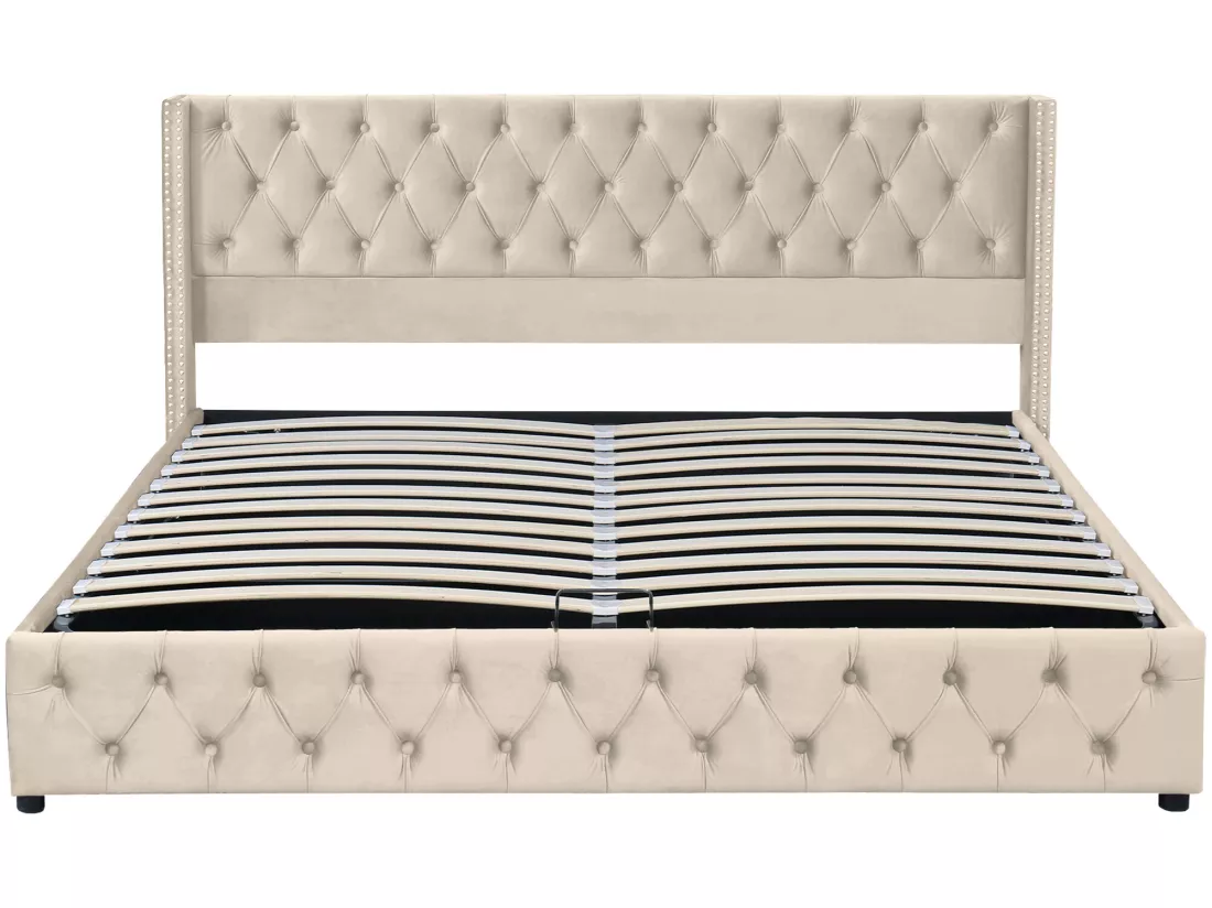 Lit coffre 160 x 200 cm, lit double rembourré en velours, décor avec rivets et boutons, sommier à lattes, style chesterfield, beige