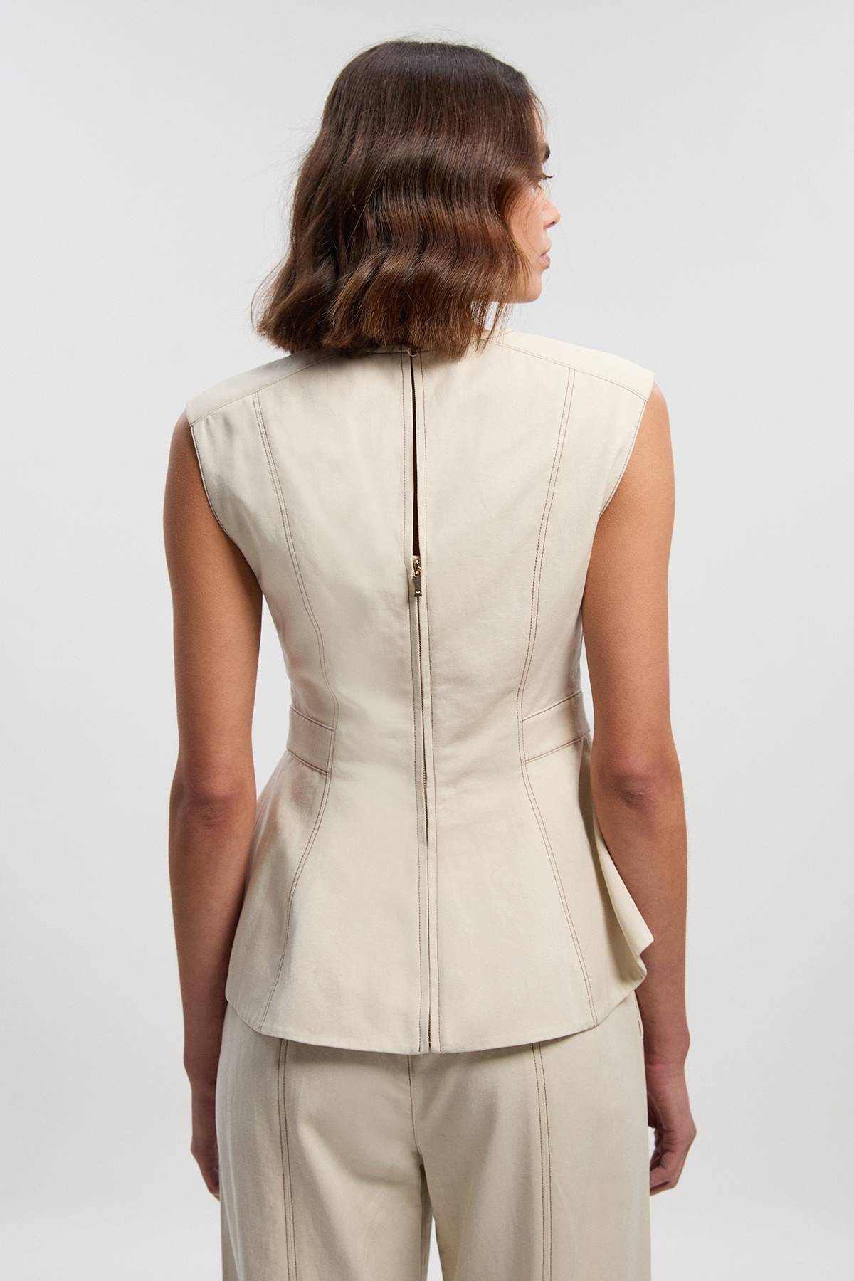 KarenMillen Haut Péplum Tissé à Fermeture Éclair Contrastante en Tencel Coton
