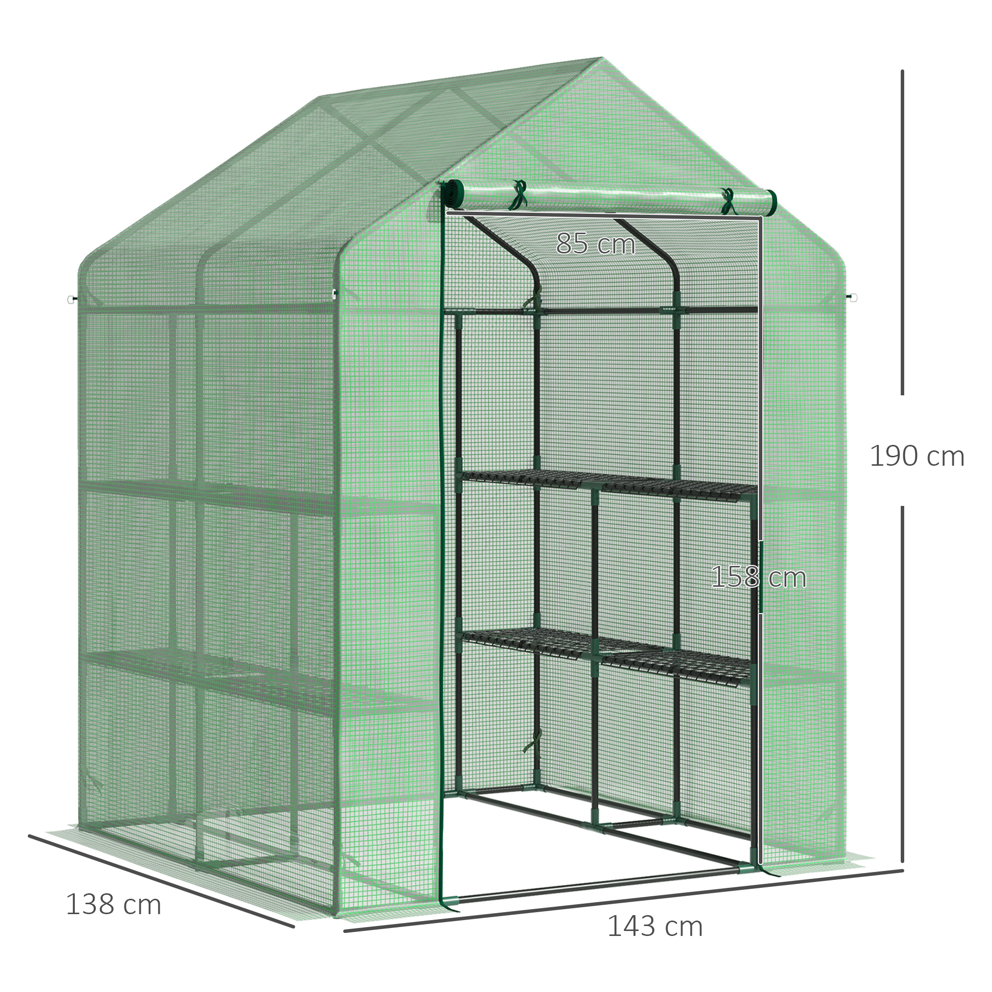 Estufa de jardim Outsunny de aço com 2 níveis, 4 prateleiras e porta de enrolar para cultivo de plantas, vasos e flores, 143x138x190 cm, verde