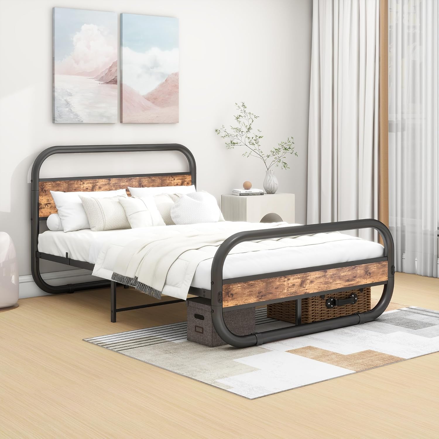 Bettrahmen Holz Doppelbett Gästebett Metallbett 120x200 Bettgestell aus Metall,Jugendbett mit Lattenrost Kopfteil,für Schlafzimmer Gästezimmer | Braun