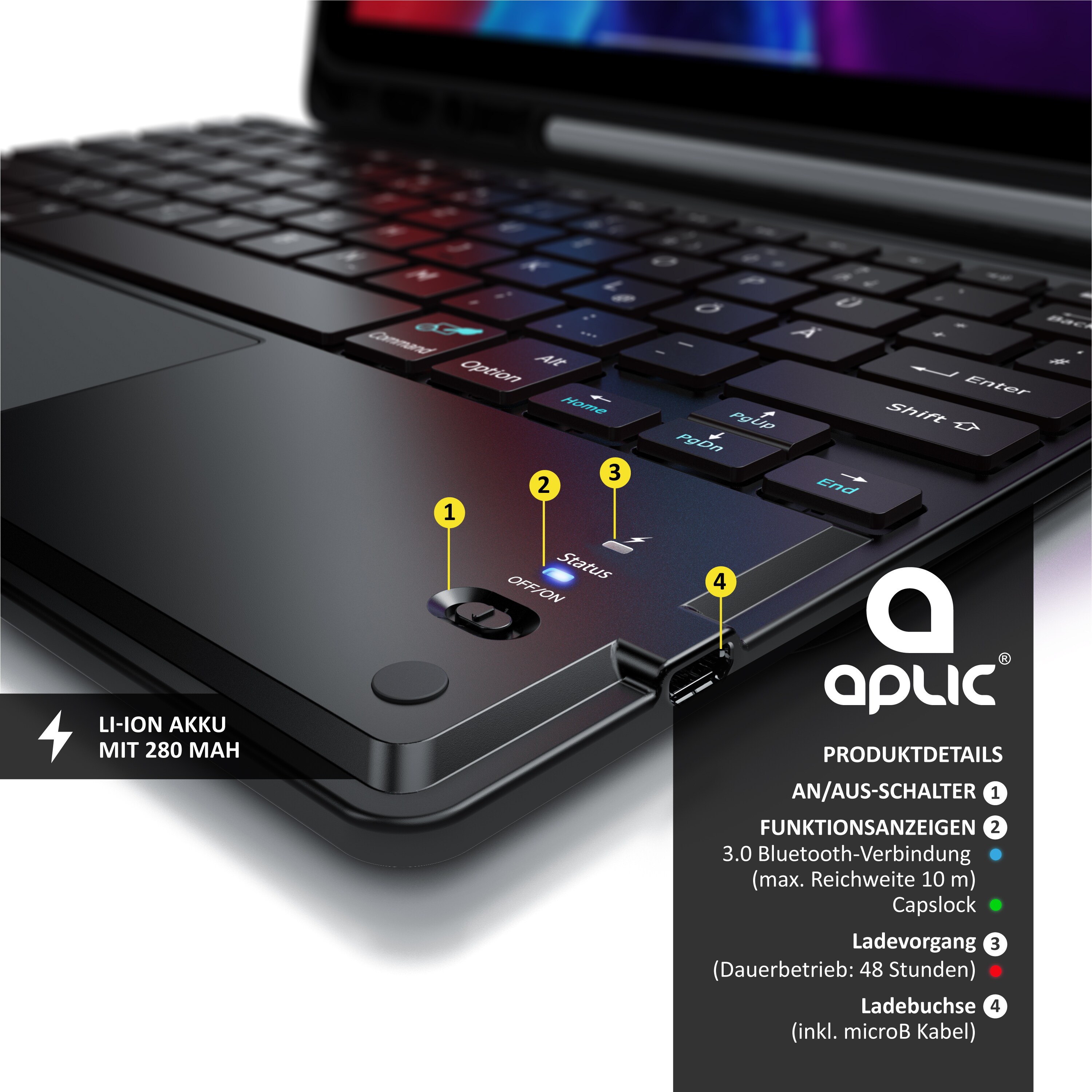 Aplic Bluetooth Tastatur kompatibel mit Tablet iPad Pro 12,9 Zoll - Gen 3 + 4 - 280 mAh Akku - inkl. Case - Tablet Keyboard kompatibel mit Apple
