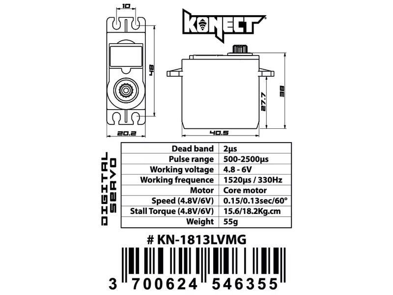 Konect Standard Servo 1813LVMG 18.2 kg, 0.13 s, Digital Digitales Standard-Servo mit Metallgetriebe