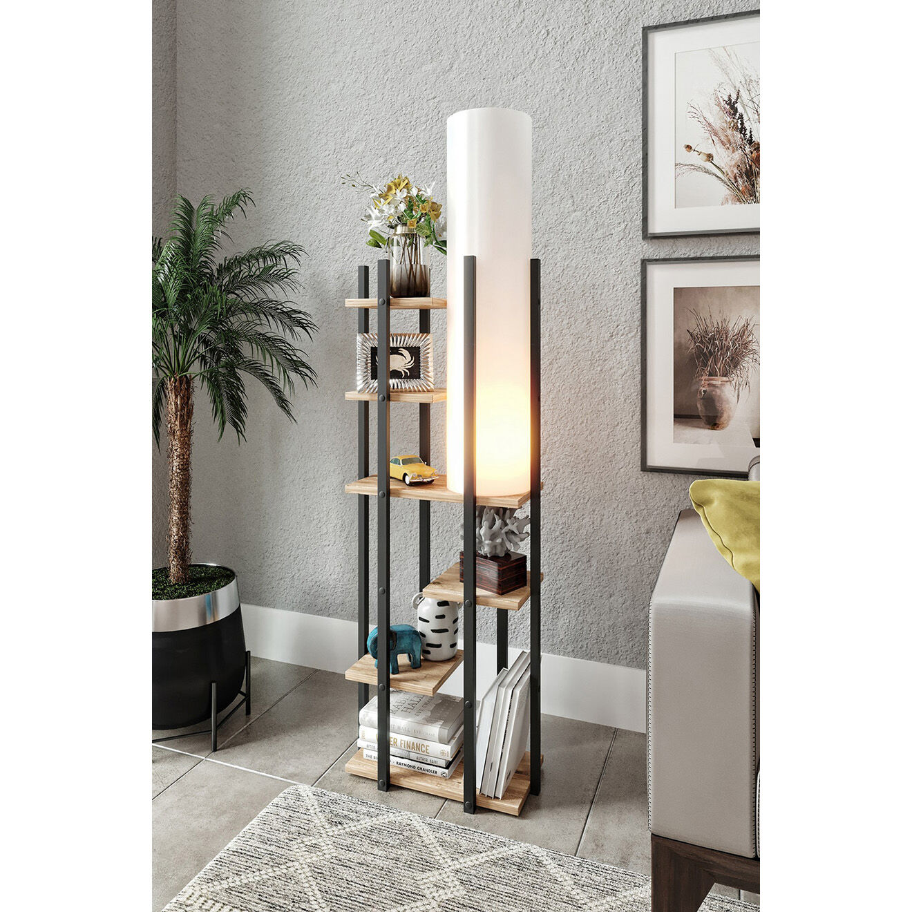 Sheen Lampadaire avec étagère Vogue noir/blanc/naturel - 45x25x160 cm