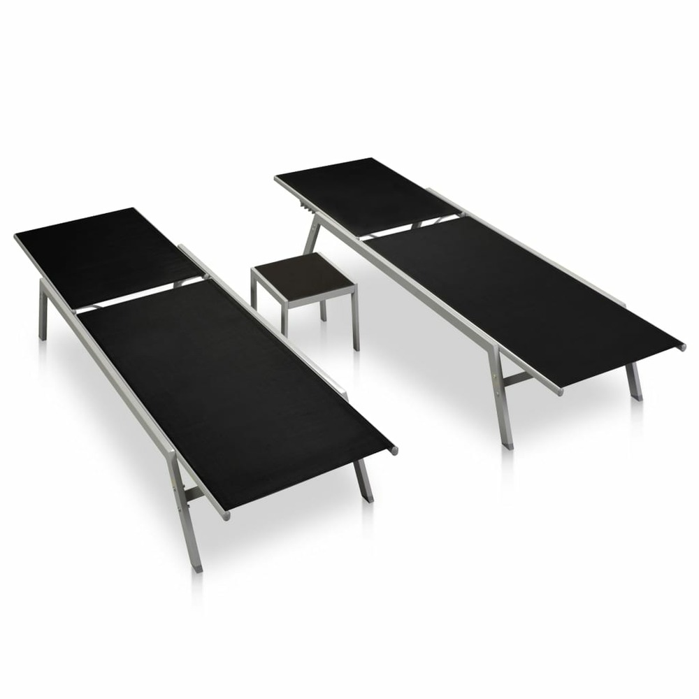 Lot de 2 transats chaise longue bain de soleil lit de jardin terrasse meuble d'extérieur avec table acier et textilène noir 0