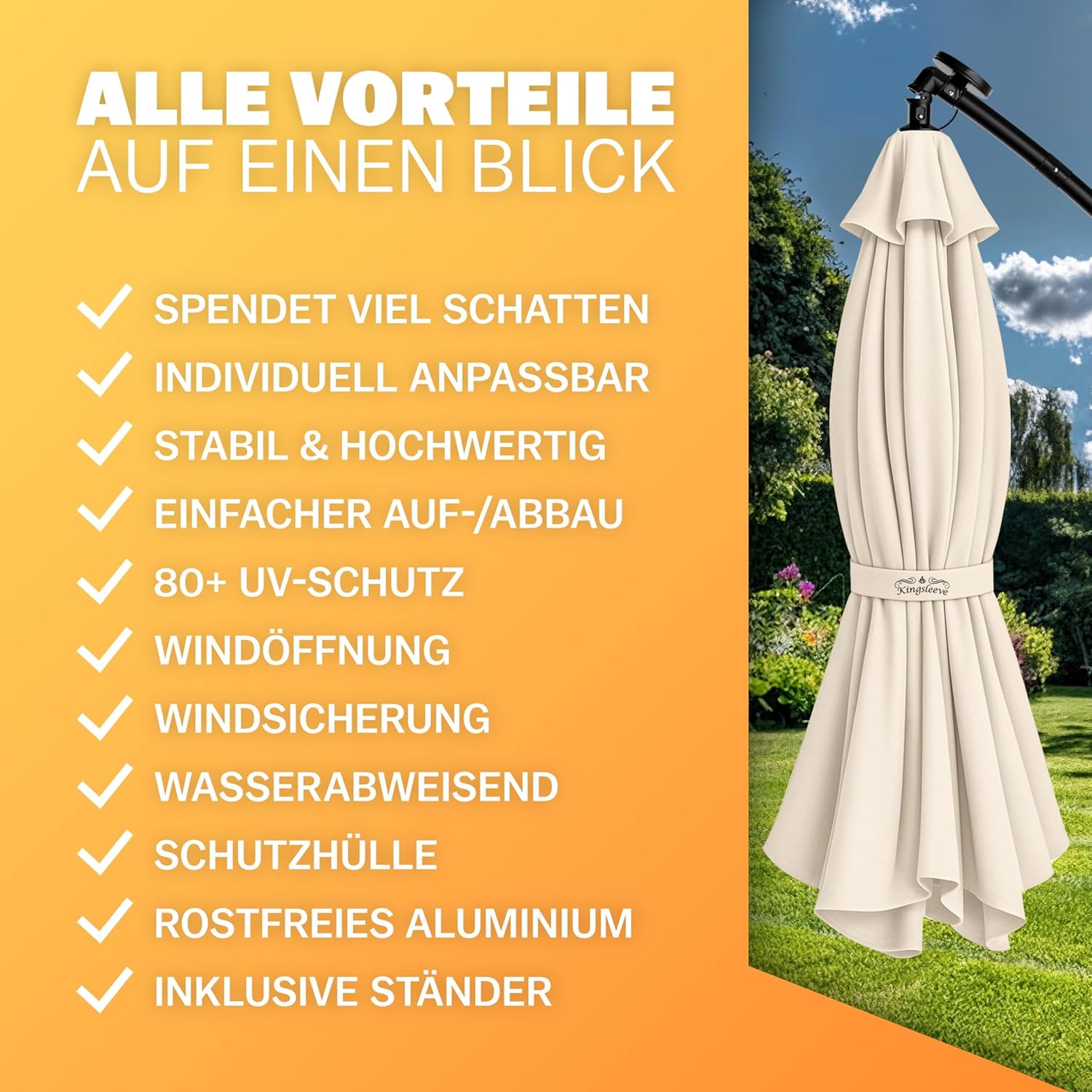 Kingsleeve® Ampelschirm LED Beleuchtung UV Schutz 80+ Solar Ständer Schutzhülle 350cm Groß Kurbel Balkon Terrasse Gartenschirm Sonnenschirm Creme