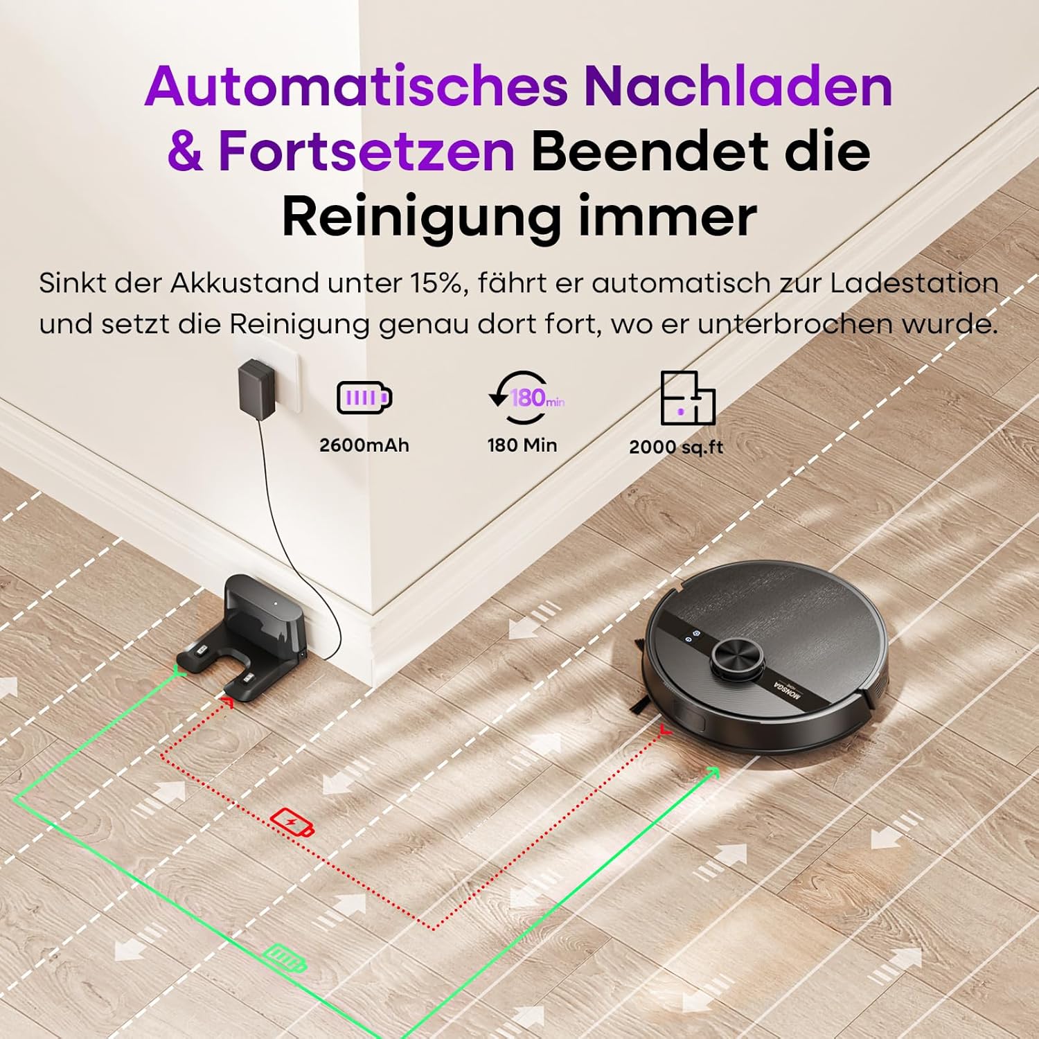 MONSGA Saugroboter mit Wischfunktion,5000Pa Saugkraft,180Min Laufzeit,Anti-Tangle-System,LiDAR Navigation, Staubsauger Roboter für Teppich, Tierhaare, APP & Fernbedienung Steuerung (Schwarz)
