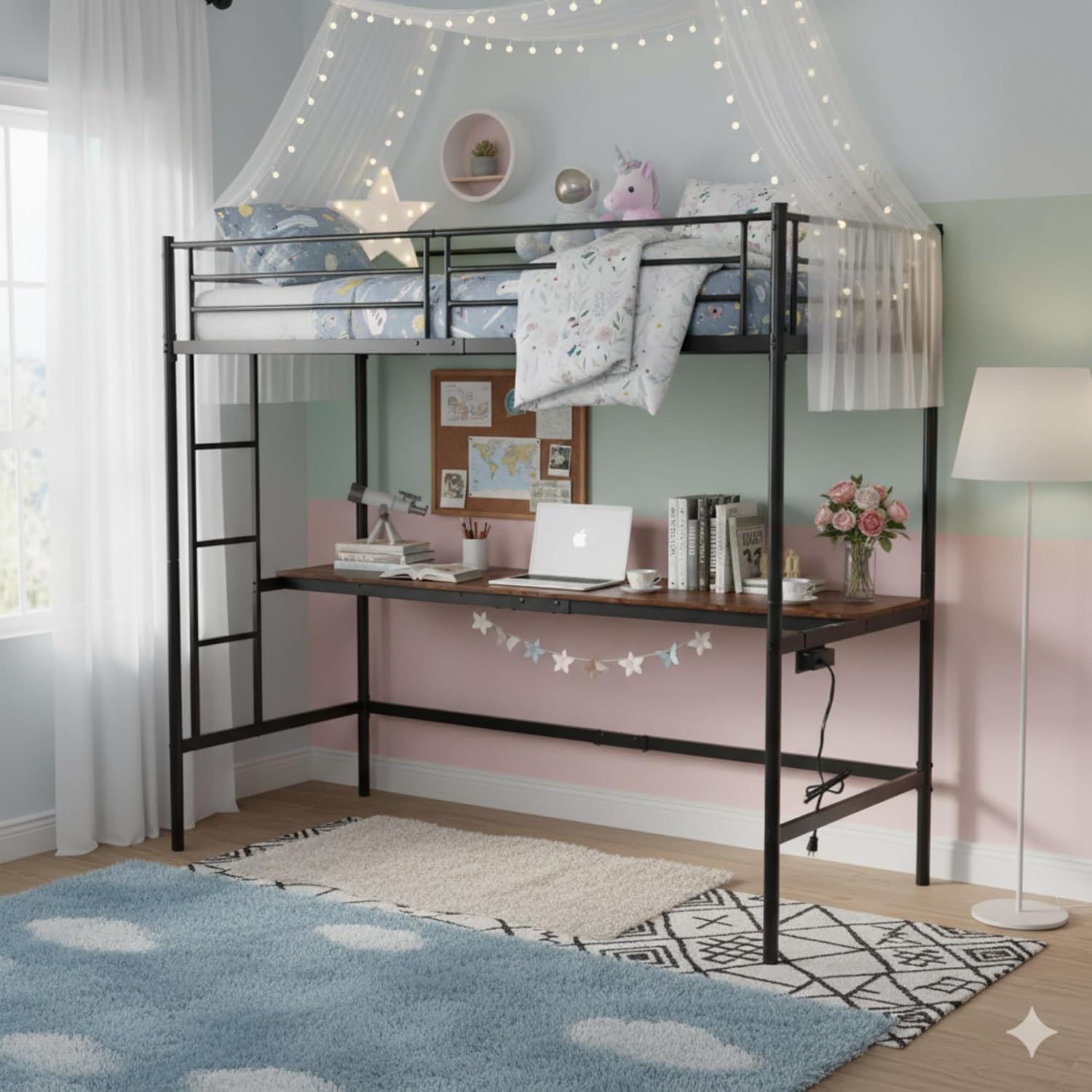 HOMYLIN Kinder-Hochbett aus Metall mit Arbeitszimmer, USB-Ladestation, integrierte Leiter, Hochbett für Kinderzimmer, Jugendliche & Arbeitszimmer, geeignete Matratze 90 x 200 cm, Schwarz