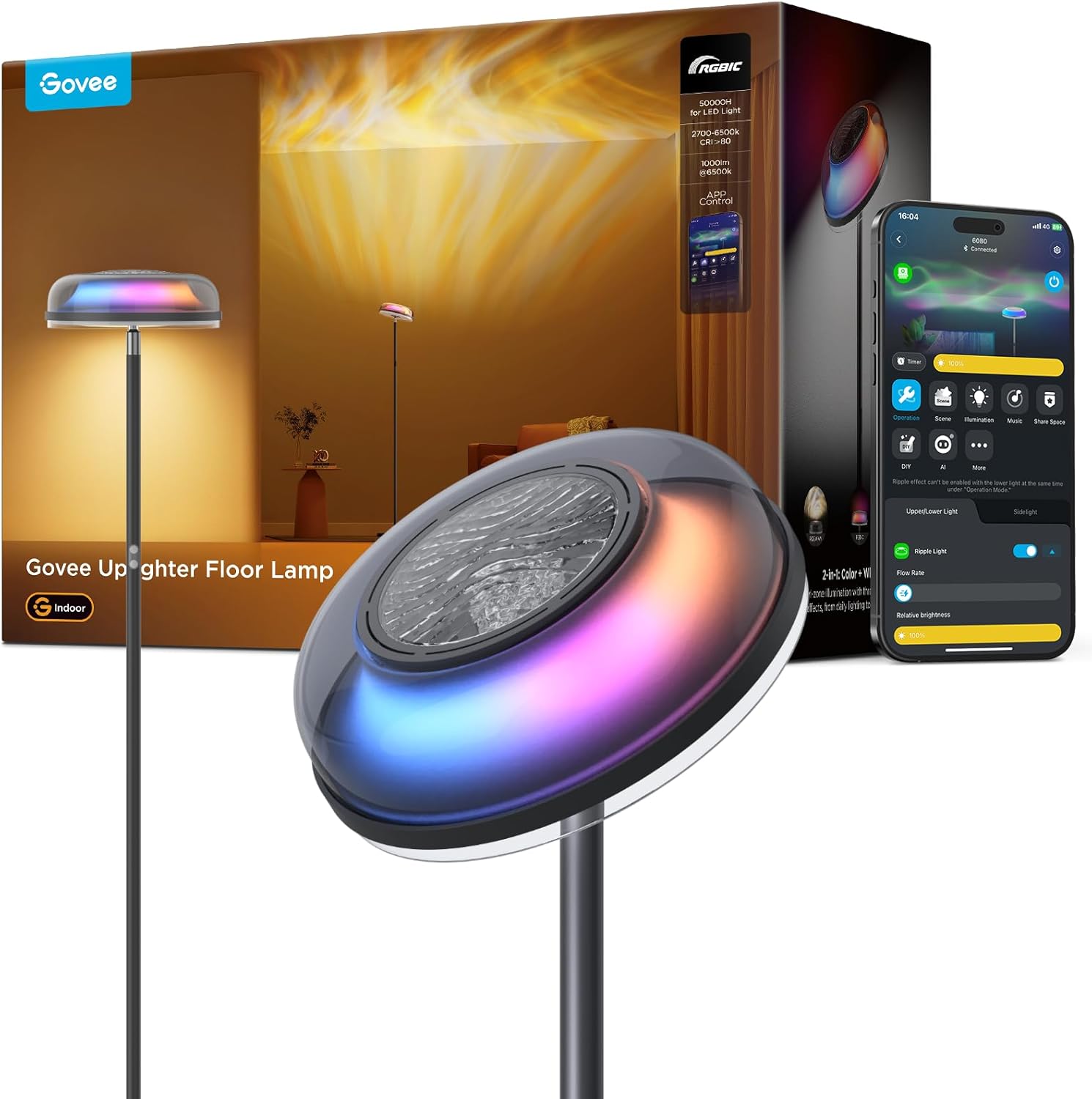 Govee Stehlampe Wohnzimmer Deckenfluter Wellenbeleuchtung RGBICWW, Dreizonenbeleuchtung Stehlampe, 80+ SzenenModi, 2700-6500k, 1000LM, Kompatibel mit Matter und Alexa, für Wohnzimmer, Schlafzimmer