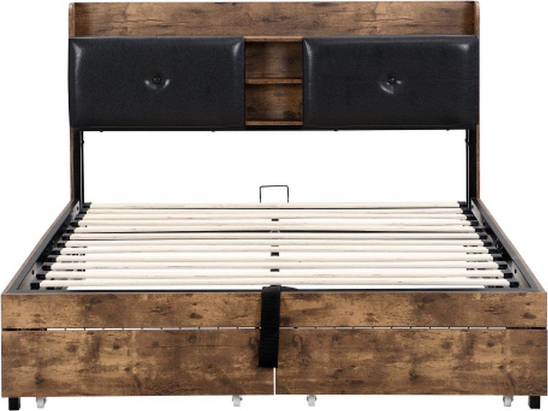 Gotagee Metalen bed 140x200cm hydraulisch bed (zonder matras) jeugdbed tweepersoonsbed houtkleur en zwart met opbergruimte hoofdeinde volwassen bed kinderbed