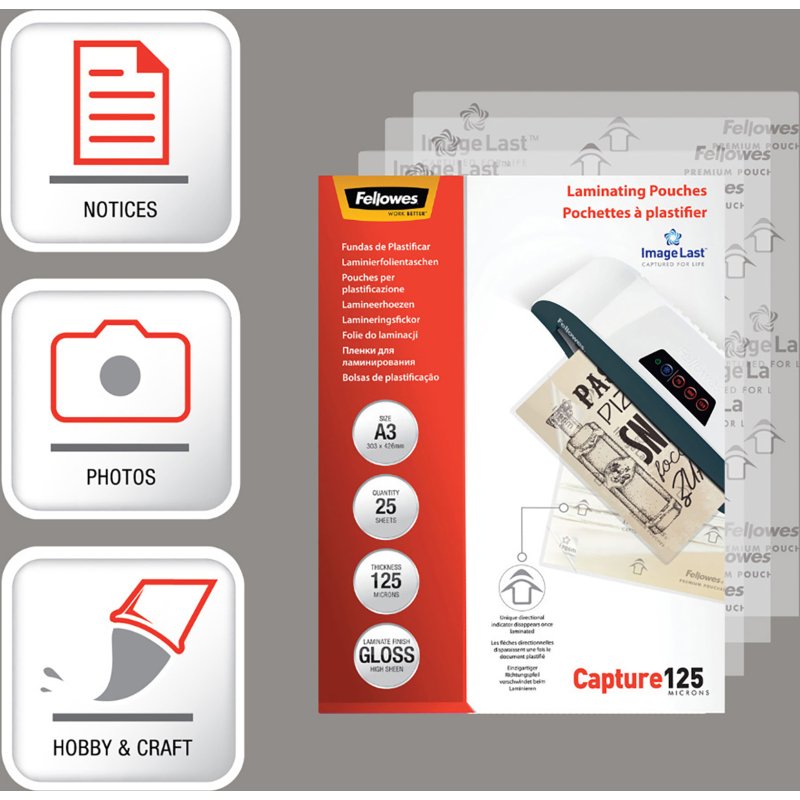 Pochettes de plastification Fellowes A3 125 µ brillantes - Boite de 25