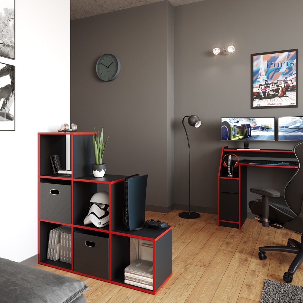 Vicco Treppenregal Raumteiler Stufenregal 6 Fächer Schwarz/Rot Bücherregal