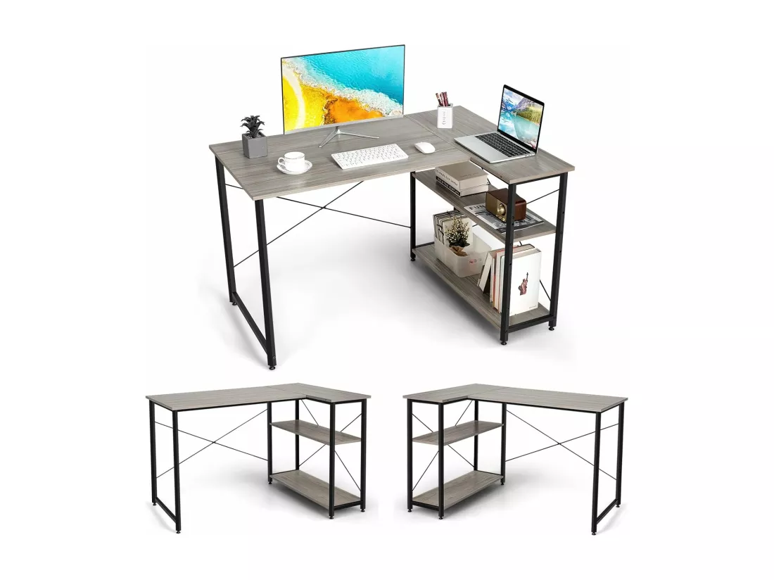 Bureau d'angle en Forme L Réversible, Poste de Travail avec Étagères de Rangement, 120 x 88 x 74,5 cm, Peu Encombrant, pour Maison, Bureaux (Gris)