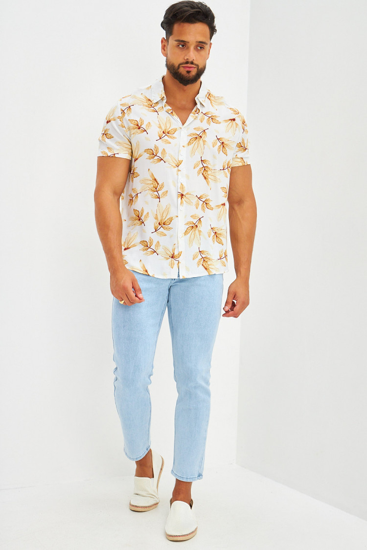 Chemise manches courtes motifs feuilles blanche