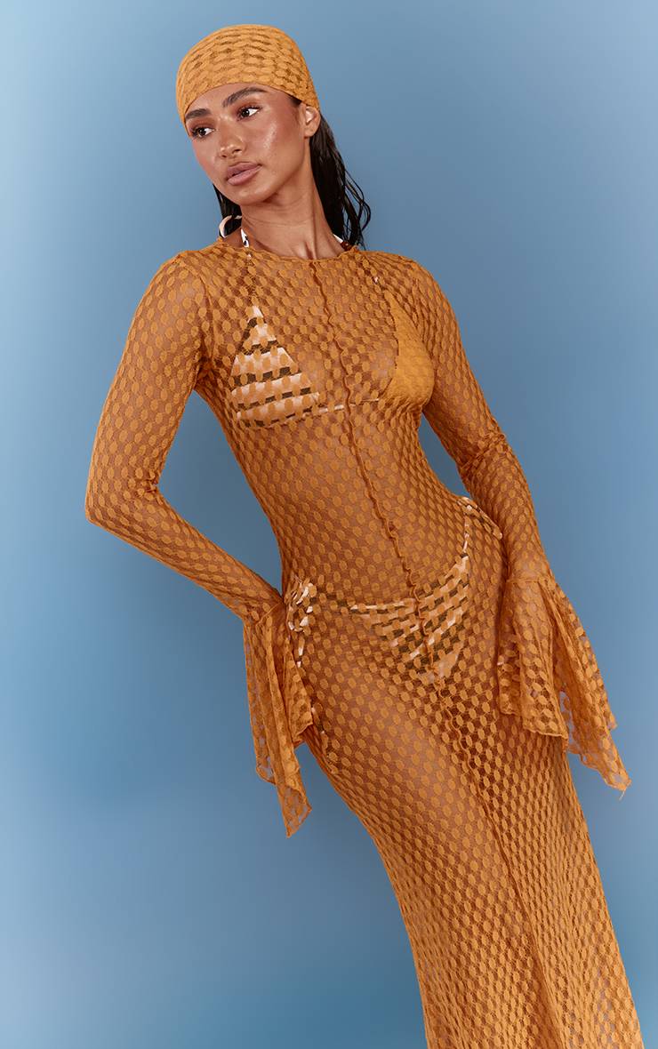 Moutarde Robe De Plage Maxi Transparente Texturée À Manches Évasées
