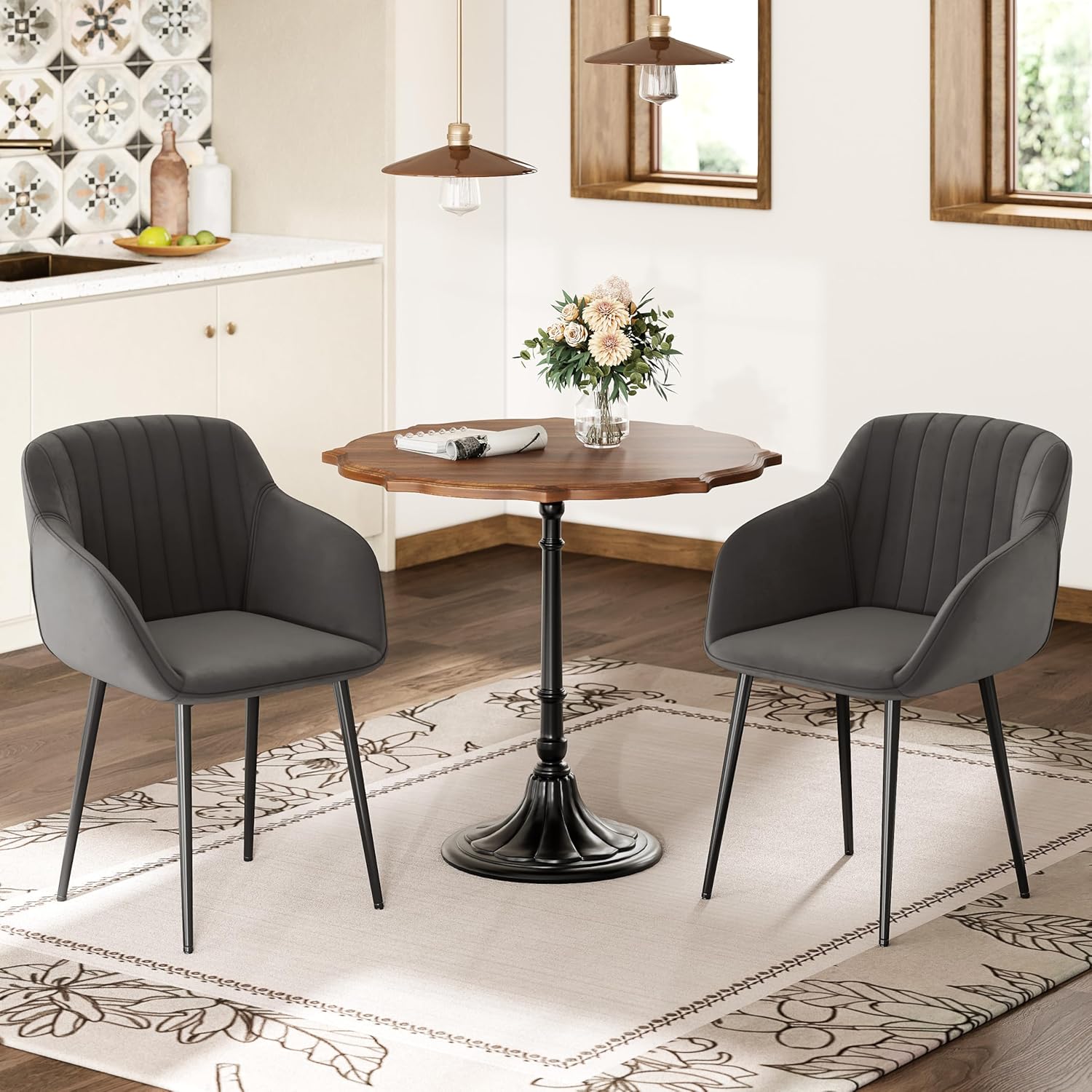 Esszimmerstühle mit Armlehne 6er Set aus Samt Polsterstuhl Küchenstuhl Stühle Esszimmer Wohnzimmerstuhl mit Gepolstertem Sitz Metallbeine, Dunkelgrau