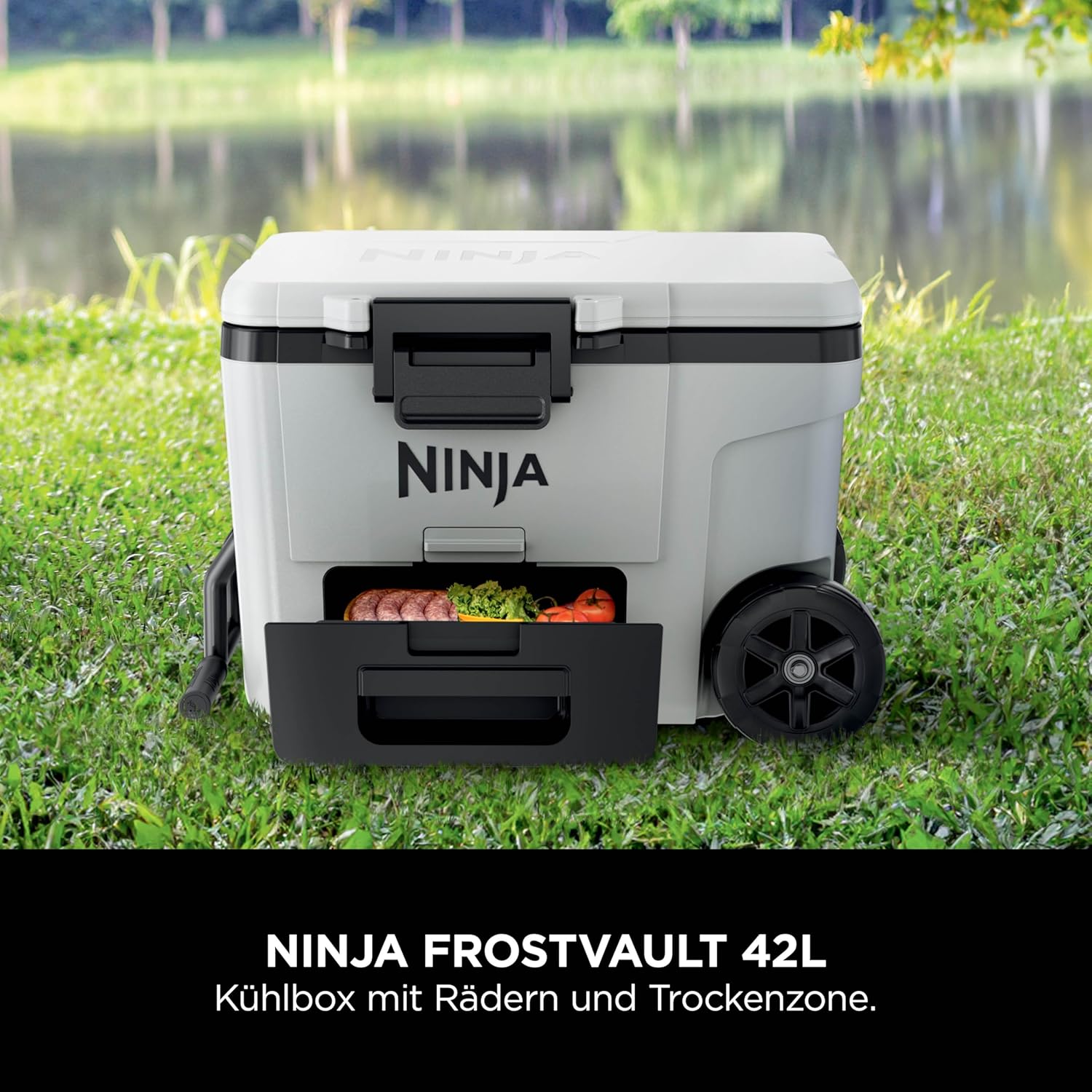 Ninja FrostVault Kühlbox mit Rollen und Isolierung, integrierter Dry Zone Schublade für Lagerung bei Kühlschranktemperatur, hält Eis tagelang, bietet Platz für bis zu 68 Dosen, Wolkenweiß, FB245EUWH