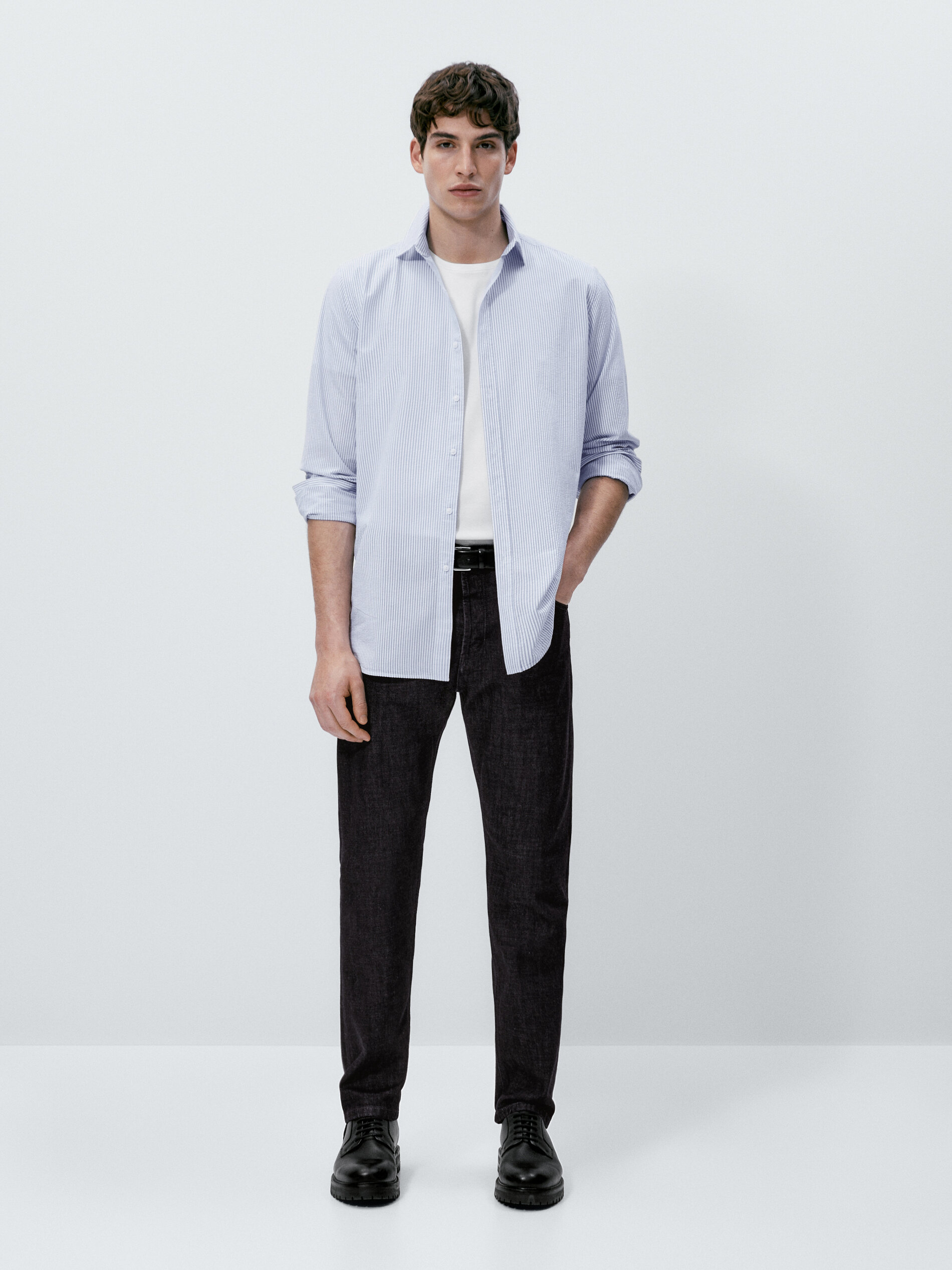 Camisa Rayas de corte regular em tecido seersucker - AZUL CLARO