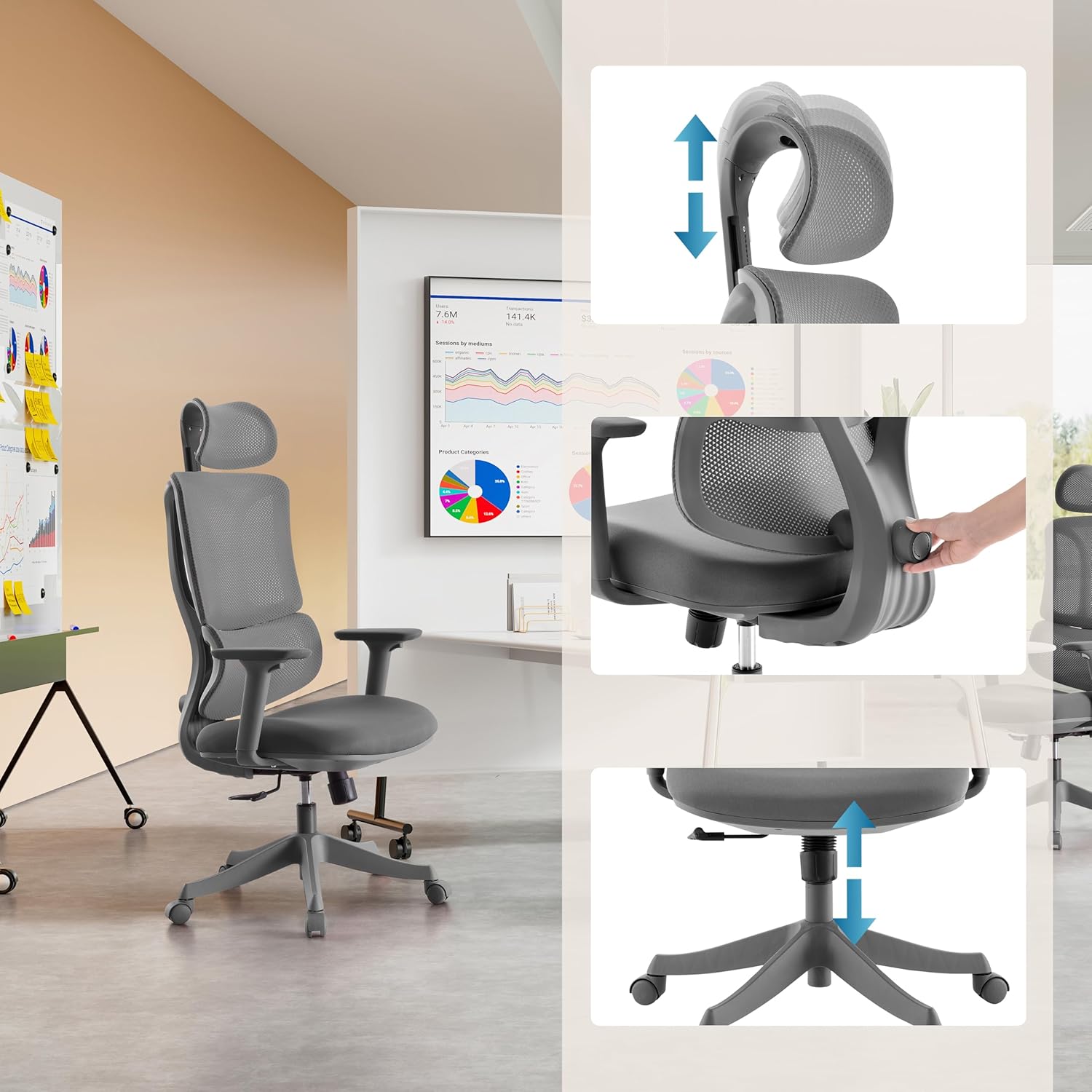 Bürostuhl Ergomy Colore – ergonomischer Schreibtischstuhl, atmungsaktiver Rückenlehne, Verstellbarer Lordosenstütze, 3D Armlehnen & Kopfstütze, Grau